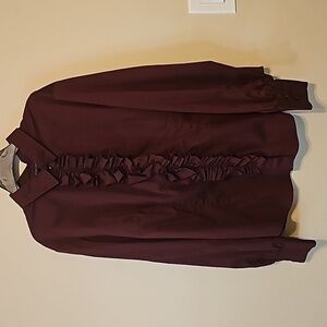 New York & Company Women's Stretch Ruffle Front‎ Long-Sleeves Top Sz XL Burgundy